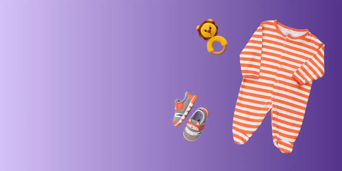 Section banner: striped romper on lilac