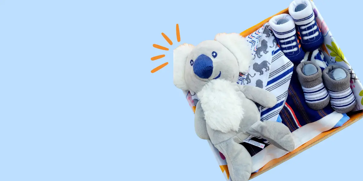 Hero banner: koala gift box on sky blue